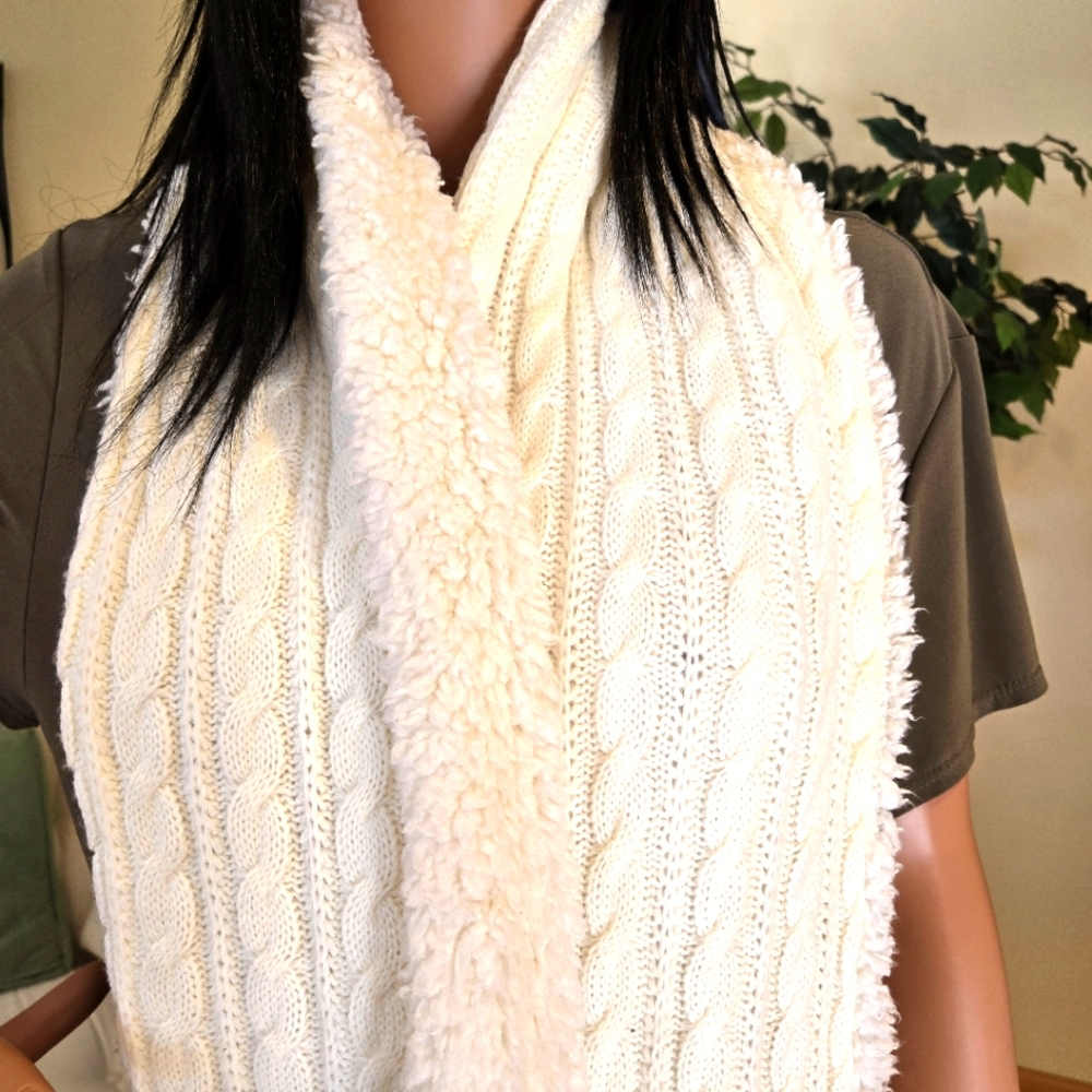 White Reversible Winter Scarf, Side 1 - Cable Knit, Side 2 - Fleece, 72" Length